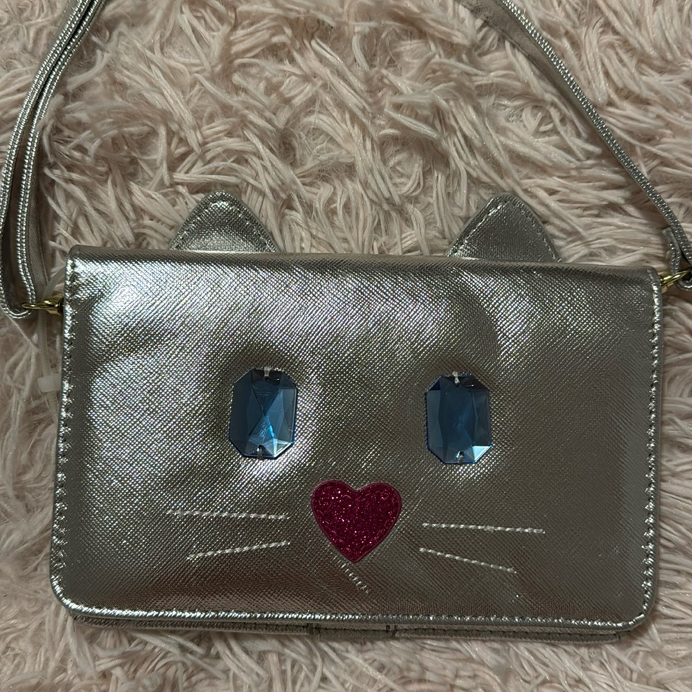 Luv Betsey Johnson Silver Cat Crossbody Clutch Bag Purse Smartphone Wallet Vegan